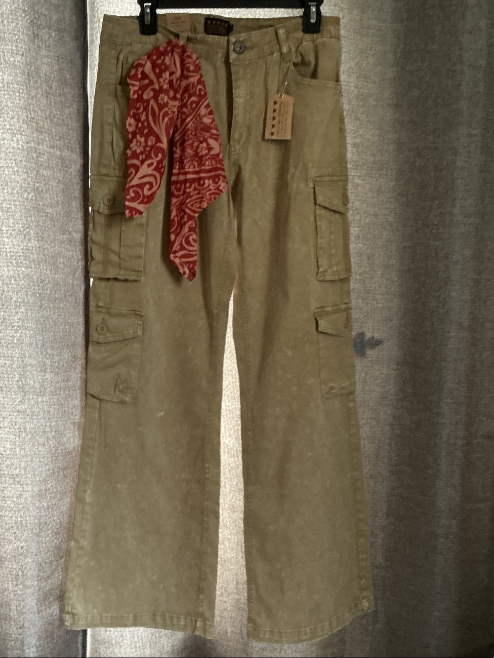 Five Star Olive Wide-Leg Cargo Pants with Red Bandana Accent